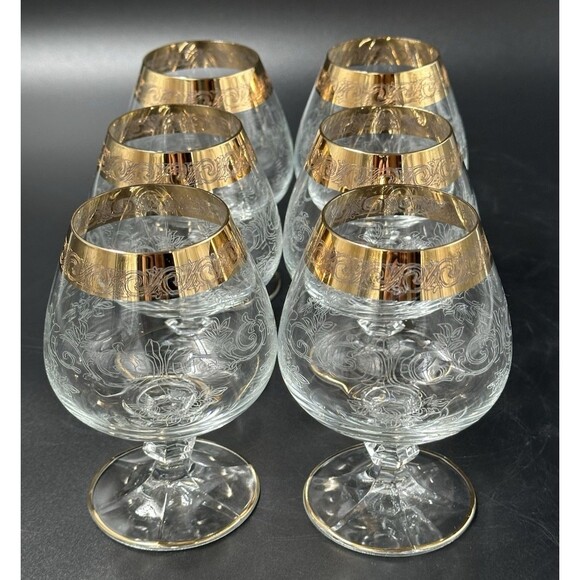 Vtg Etched Glasses Brandy Snifter with Twisted Stem Pedestals with Gold Trim 6 - Picture 3 of 12
